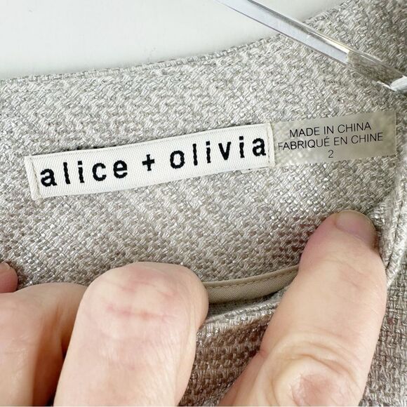 Alice+Olivia Short Sleeve Mini Cotton/Linen Sheath Dress Silver/Gold‎ Size 2 - Picture 4 of 11